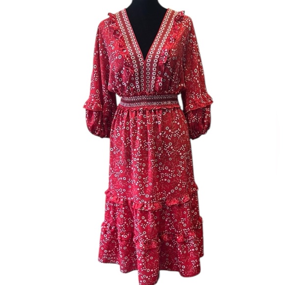 Max Studio Dresses & Skirts - Max Studio Red Sundress with Ruffled Tiered Skirt and 3/4 Bishop Sleeves size S